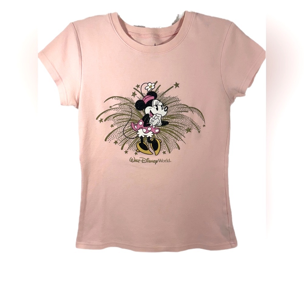 DISNEY Women’s Sparkle Glitter Minnie Mouse short sleeve T-shirt Light Pink Sz M
